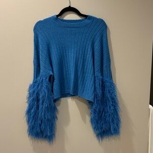 Blue Sweater with Fluffy Feather-like Sleeves